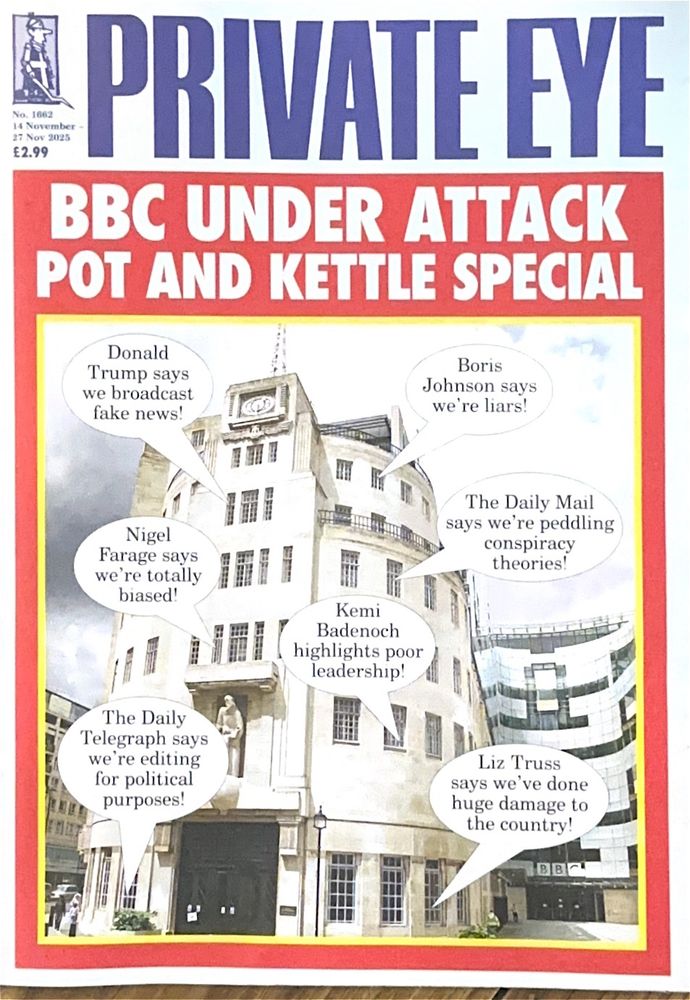 The front cover of private eye highlights the hypocrisy or crocs of the bbc who also happen to be liars, conspiracy theorists, fake news enthusiasts, biased bigots etc. 