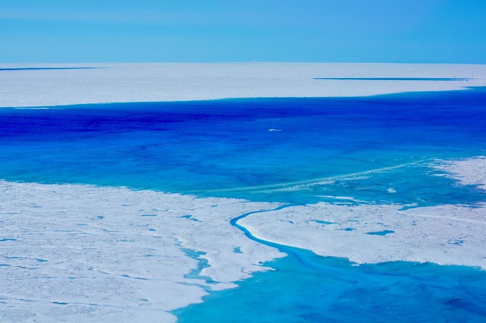 Aerial image of supraglacial melt lake
