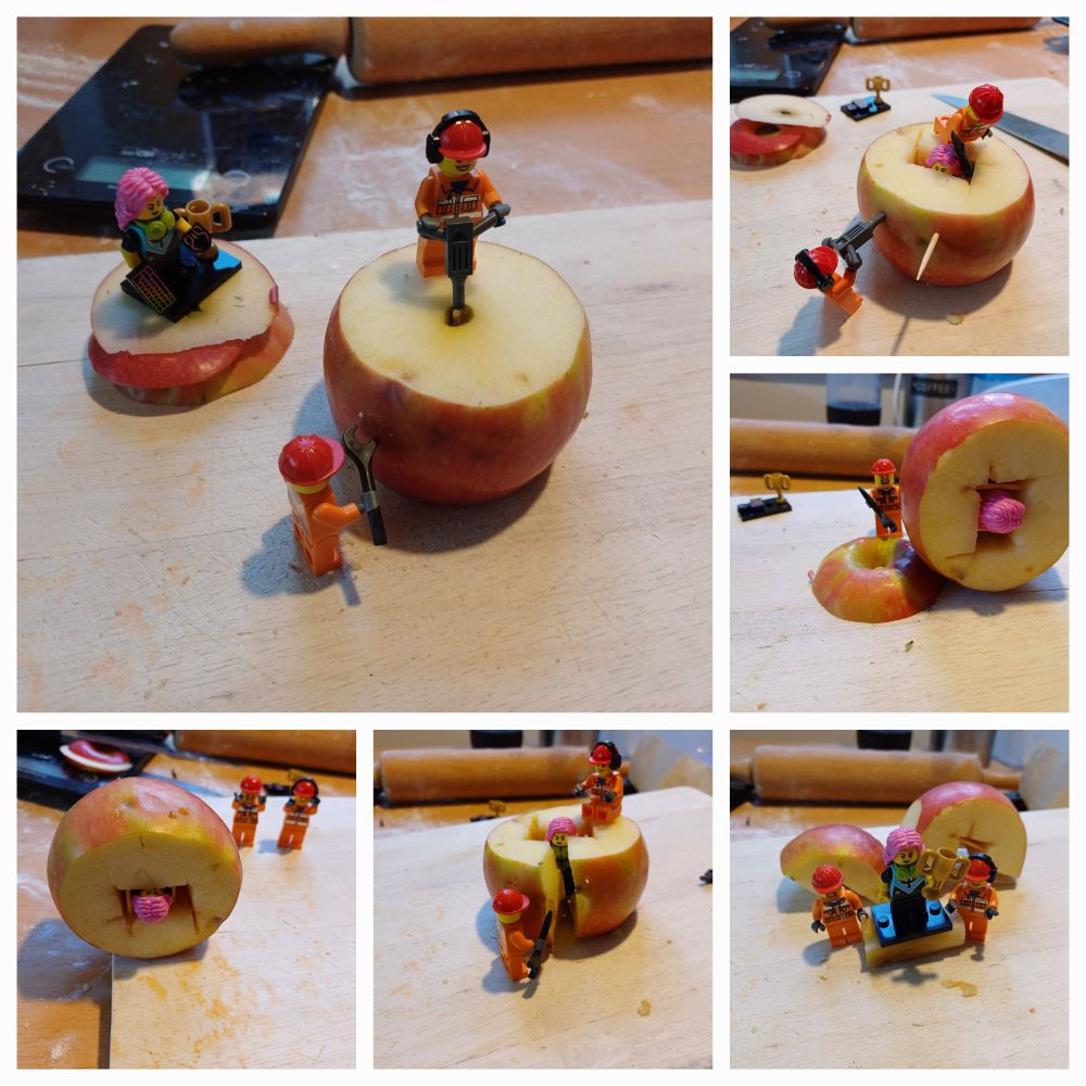 Collage of LEGO minifigs drilling a hole in an apple, securing another minifig in the hole with wooden toothpicks and let the apple roll down an inclined plane.
