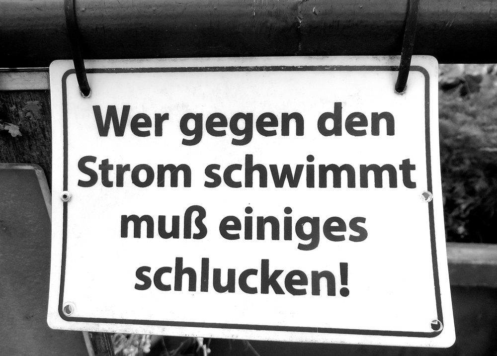 Schild: Wer gegen den Strom schwimmt muss einiges schlucken!
Bild in SW 