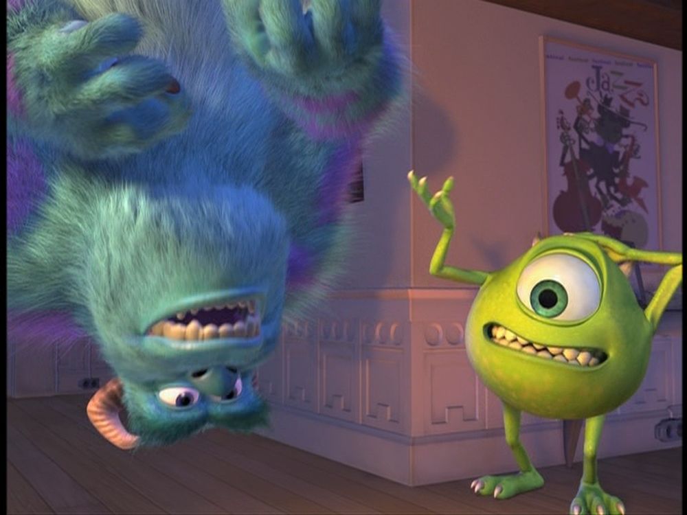 A shot of Mike exclaiming in excitement over what he's seeing while Sully is exercising in Monsters, Inc. (2001)

Source: 2002 Collector's Edition 2-Disc DVD set (fullscreen version) 