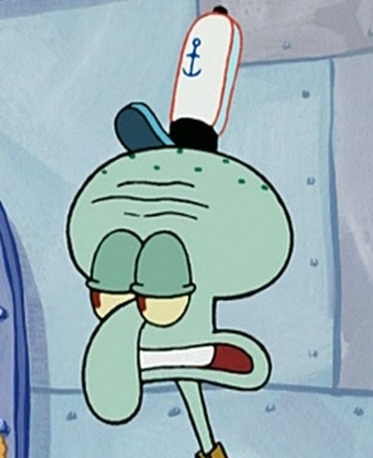 Squidward looking unamused and unenthusiastic at the customer on his left from the Season 3 episode, Just One Bite