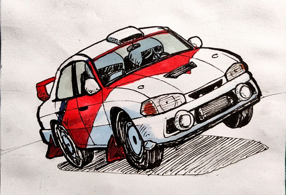 Traditional pen and marker illustration of a stylized Mitsubishi Lancer EVO IV rally car beginning a jump. The car is white with a black and red chevron livery. Inside the car, the driver and co-driver are looking calm, cool, and collected.