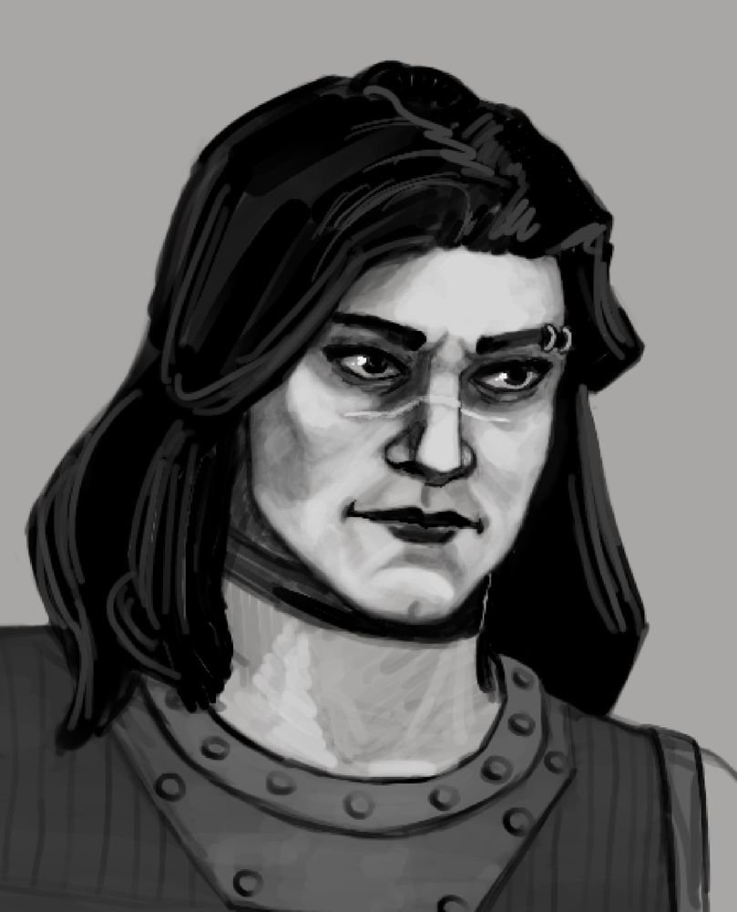 A digitally illustrated, black and white portrait of Katarina 'Haifisch' Landers, commanding officer and Thunderbolt pilot of the Strange Ways mercenary company. 