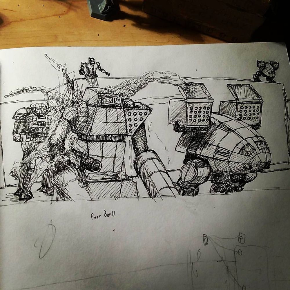 Pen and ink drawing of BattleTech 'mechs in an ambush. An Orion and a Catapult are in the foreground, facing the viewer. Behind them, an Atlas, Wolfhound, and another Catapult spring their trap. The Atlas and Wolfhound fire a volley into the Orion's rear, shearing off the 'mech's right arm in a wild explosion. The image is captioned "Poor Boris", lamenting the Orion pilot's bad luck.