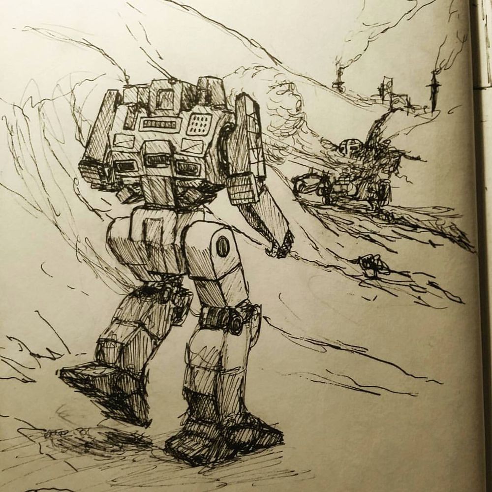 Pen and ink drawing inspired by a MechWarrior Online match. A Shadow Hawk is in the foreground, walking away from the viewer. It is firing a salvo of PPC bolts and SRMs at a wounded Atlas, finishing off the heavier 'mech. A plume of black smoke is rising from the Atlas's left torso, and it is about to fall.