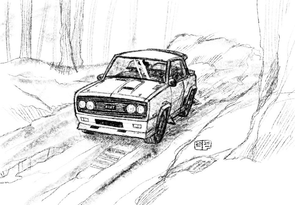 black and white digital illustration of a Group 4 Fiat 131 Abarth rally car racing down a forest path.