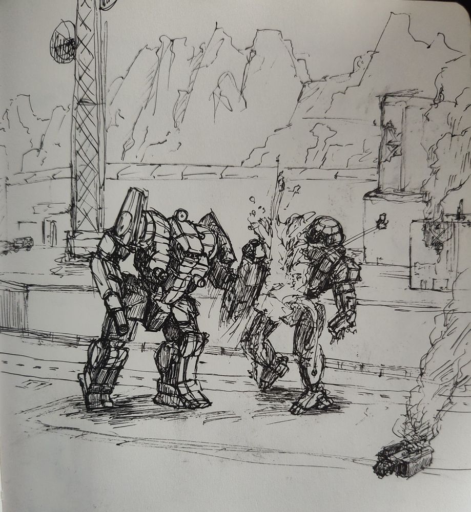 Pen and ink illustration of an AWS-8Q Awesome punching a TBT-5N Trebuchet to bits in an industrial area built into a mountain range 