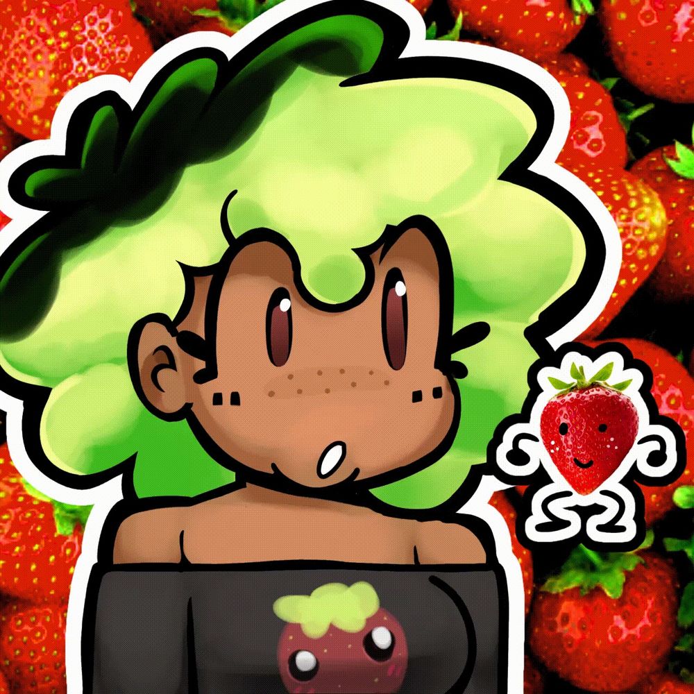 this oc strawberry (thats her name) was so fun to draw i added a little dancing strawberry guy! 