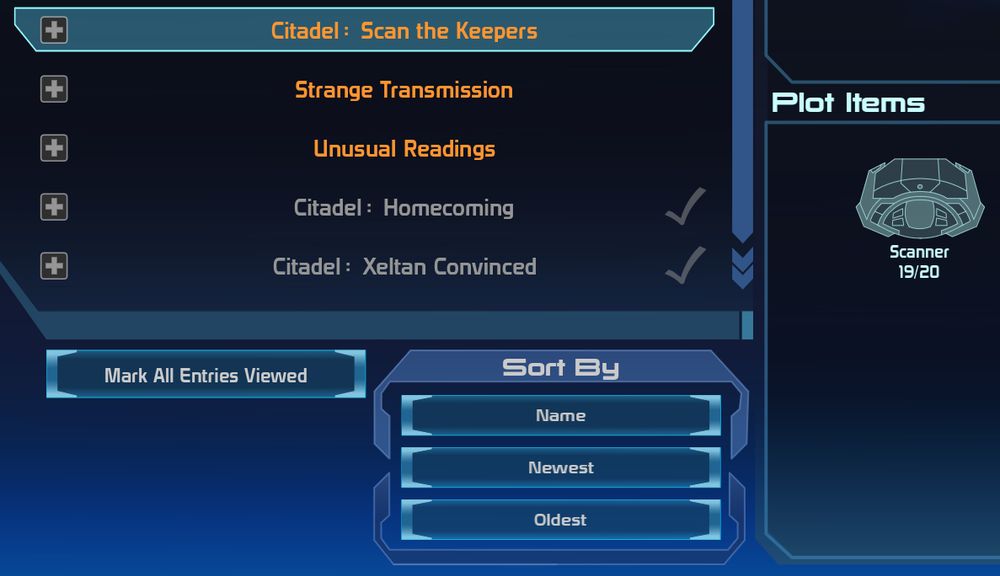 Quest log from Mass Effect showing 19/20 Keepers scanned