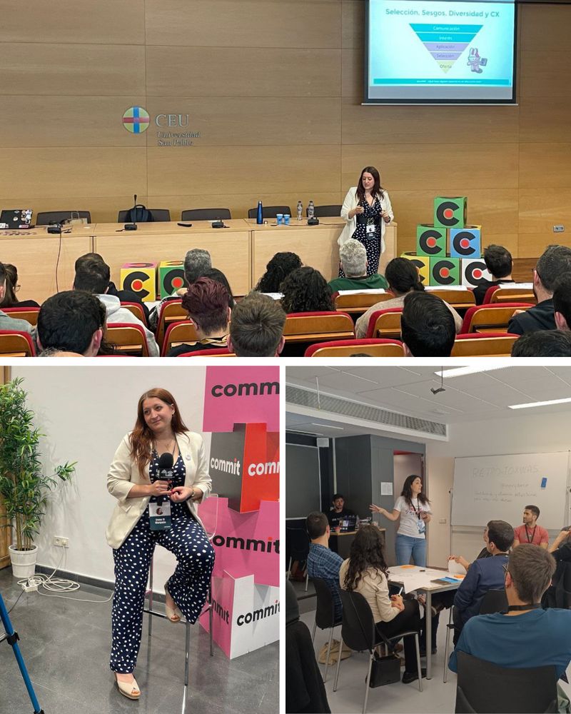 Collage de imagenes: Irene en el escenario, impartiendo la charla, sujetanod un micrófono en la sala de entrevistas, Meribere imaprtiendo su taller con llenazo y éxito de público y crítica