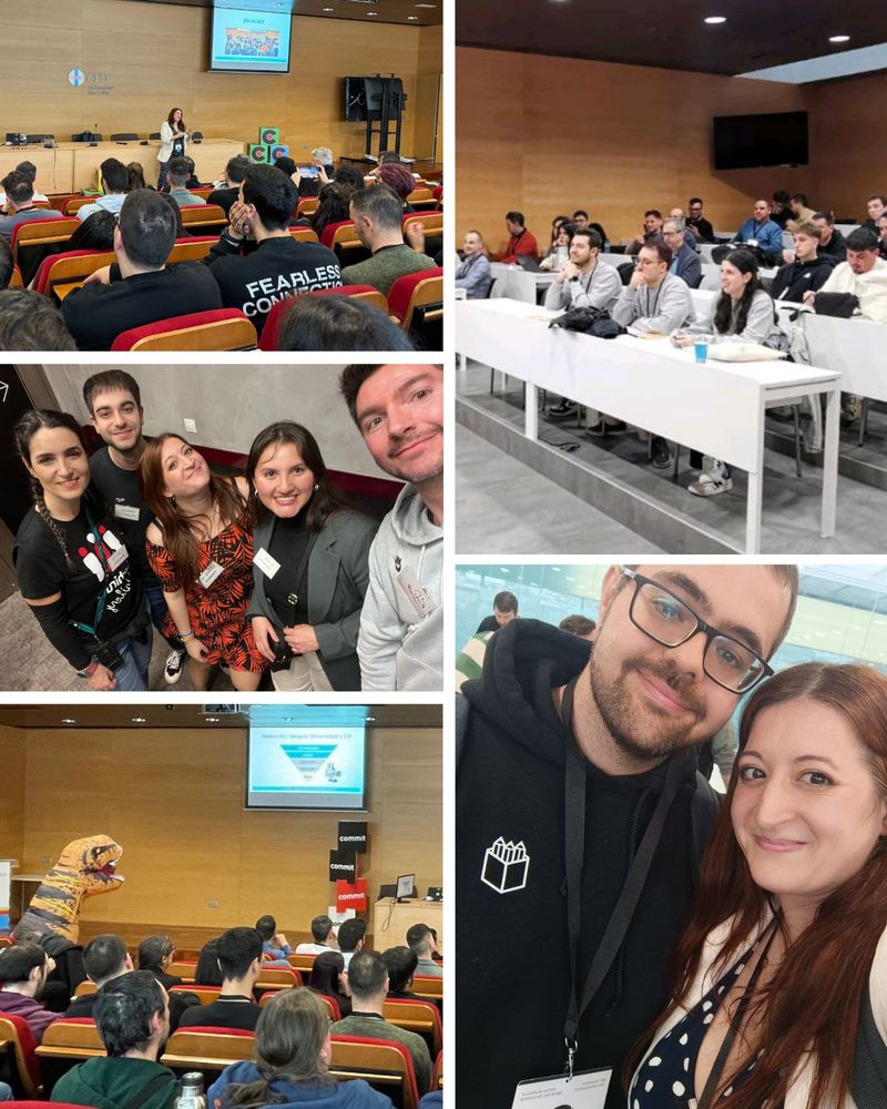 Collage de imagenes: Irene hablando en su track al inicio de la charla, crew de t3chfest escuchando extasiados en la charla de Mario montes, fotografía con personas en la cena de speakers, Plata disfrazada de dinosaurio asistiendo a la charla de Irene, resaltando entre el público, fotografía con Alonso, compañero de Kaleidos, con sudadera de Penpot