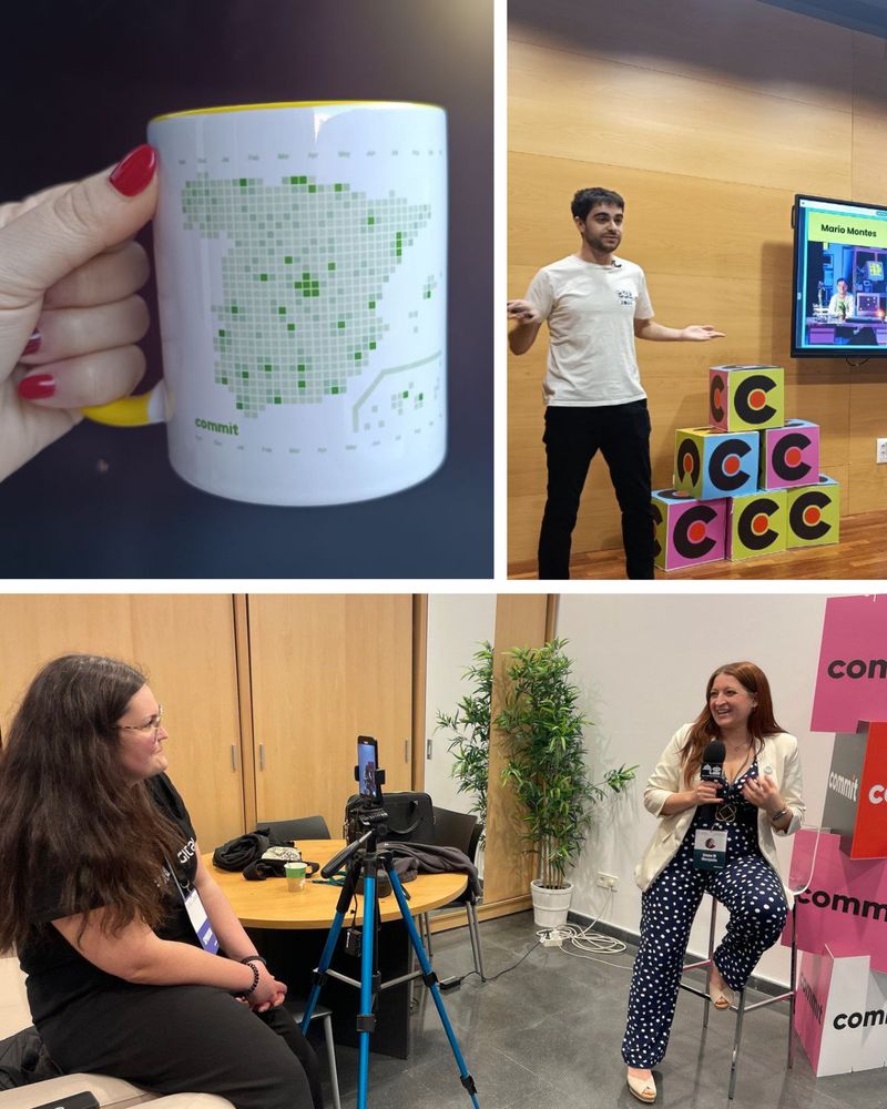 Collage de imagenes: taza Commit 2025, Mario impartiendo su charla sobre cartelería en t3chfest, Irene y Ana en la sala de entrevistas sentadas una frente a otra y sonriendo
