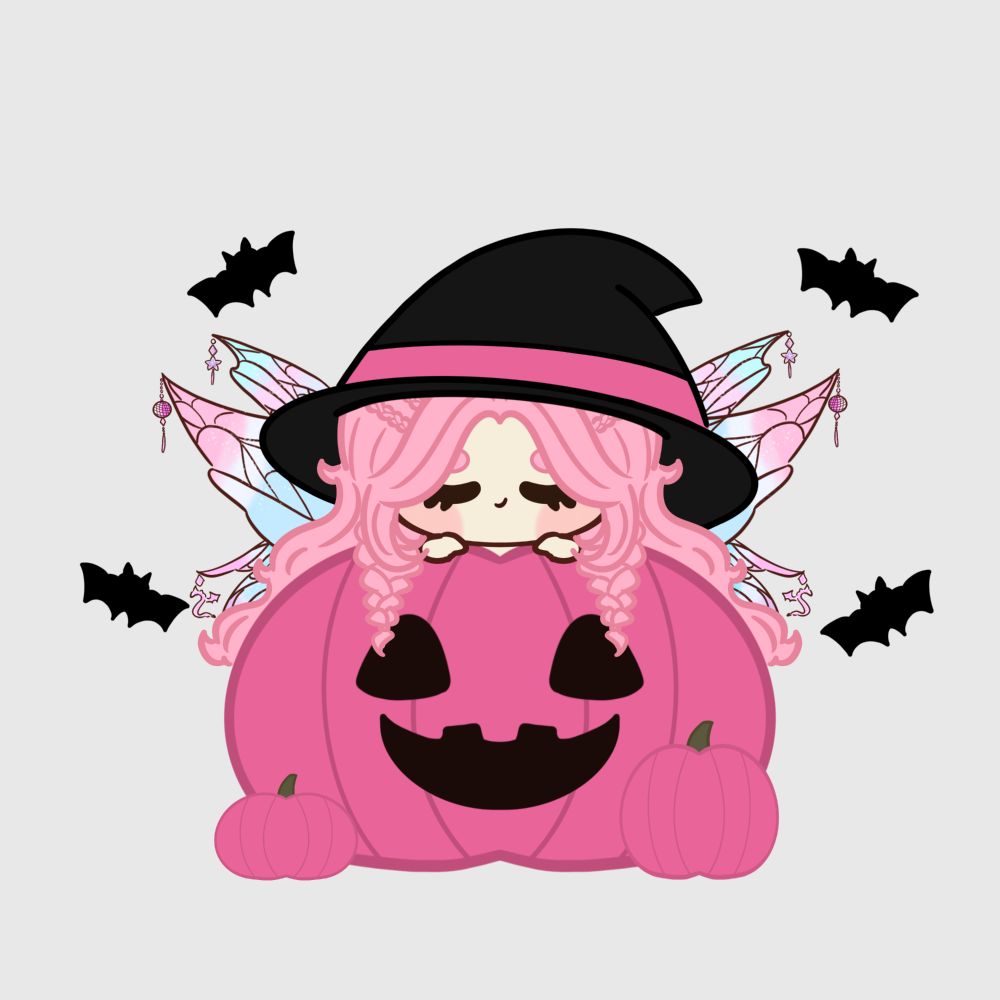 A chibi drawing of Yenna wearing a witch hat with a hot pink band around the base and peeking out from behind a matching hot pink jack-o-lantern. Both Yenna and the jack-o-lantern are smiling. The background is a light grey and features 4 black bat silhouettes.