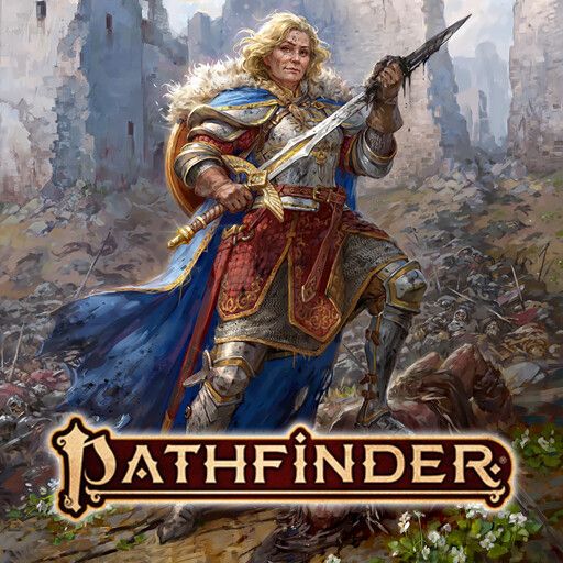 Kalabrynne Iomedar from Pathfinder2e by Ekaterina Burmak. She is an older trans woman knight, standing in front of a ruined castle, cleaning black gunk off her sword.