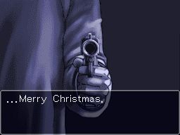 A screenshot from the intro of case 4 of Phoenix Wright: Ace Attorney, with a hand pointing a gun at the screen and the dialogue "Merry Christmas".
