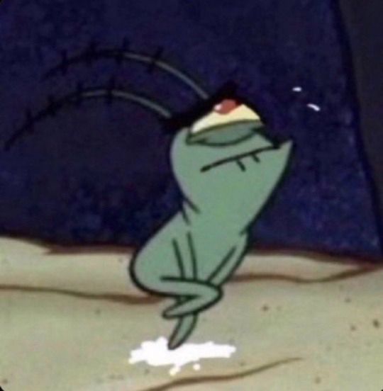 Photo of plankton from SpongeBob holding his crotch and making a 😖 face with a white puddle edited underneath him 