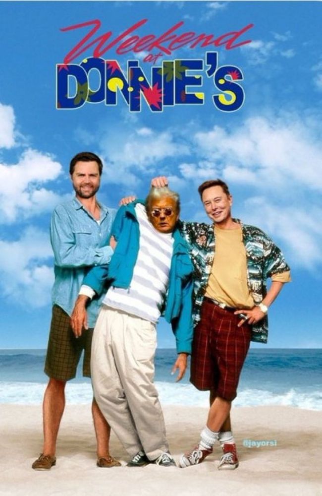 A weekend at bernies poster, but with Vance, Trump and Musk.