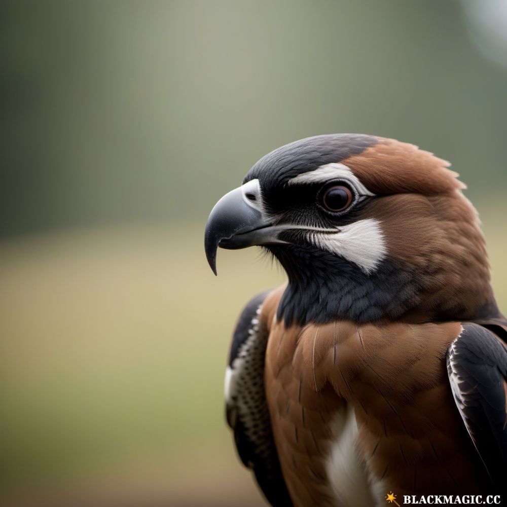 AI generiertens Bild
Linkes Profil von Kopf und Brust eines Greifvogels vor unscharfem grünen Hintergrund.
Das Gefieder ist braun mit schwarzen und weißen Akzenten, der Schnabel ist schwarz,  die Augen braun.