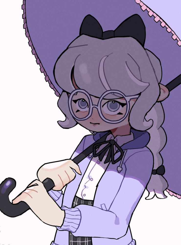 sketchy drawing of an octoling with pale skin, light gray braids with bangs, and light gray eyes. she is wearing a purple outfit with frills and bows. she is holding a frilly brella, which casts a dramatic shadow over her.