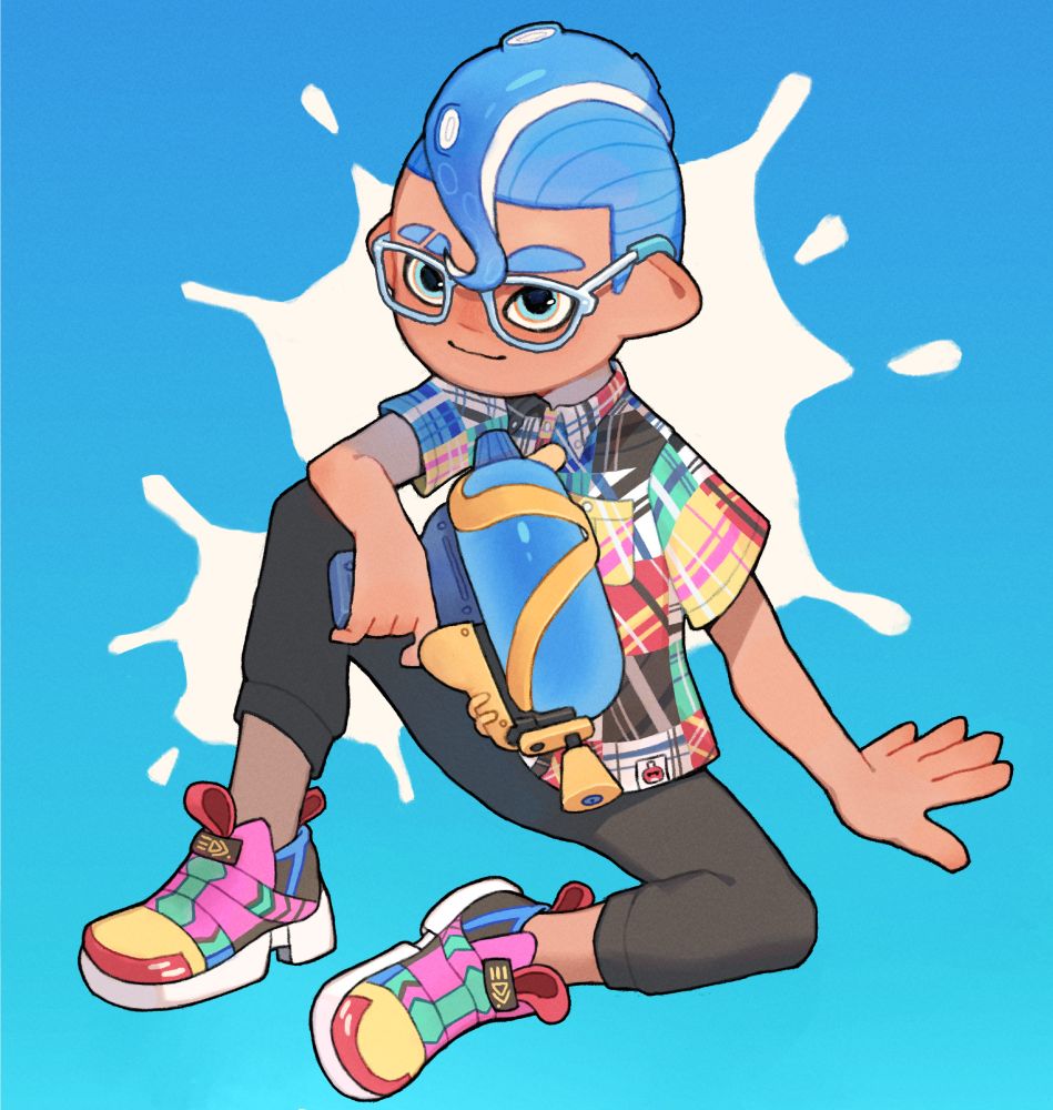 an inkling from splatoon lounging on the floor holding a splattershot. they have blue ink, punk hairstyle, and are wearing invisifloats, rad plaid casuas, and crazy arrows. the background is blue with ink splashes.