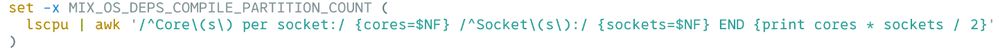 Screenshot of fish environment variable MIX_OS_DEPS_COMPILE_PARTITION_COUNT being set by dividing the number of CPUs by 2, using lscpu and awk