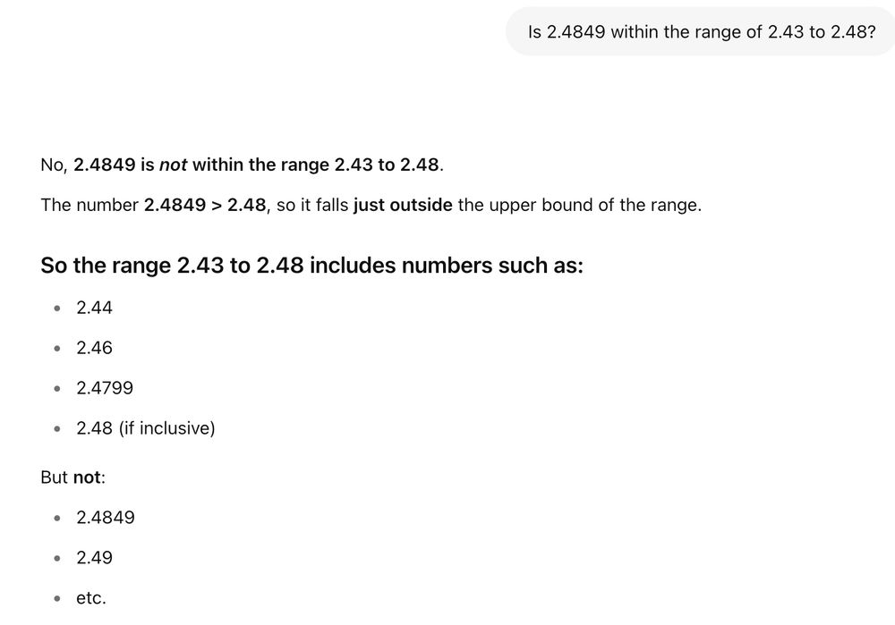 I asked ChatGPT if 2.4849 (the natural log of 12) was between 2.43 and 2.48 and it correctly said it was not.