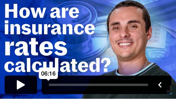 Screenshot of a video still that says "How are insurance rates calculated?" with a profile of a young man that looks excited to talk about insurance rates.