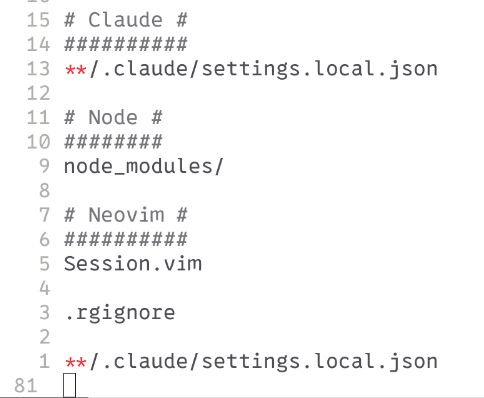 Screenshot of git ignore file where it shows that the Claude settings dot local dot json file was already ignored.