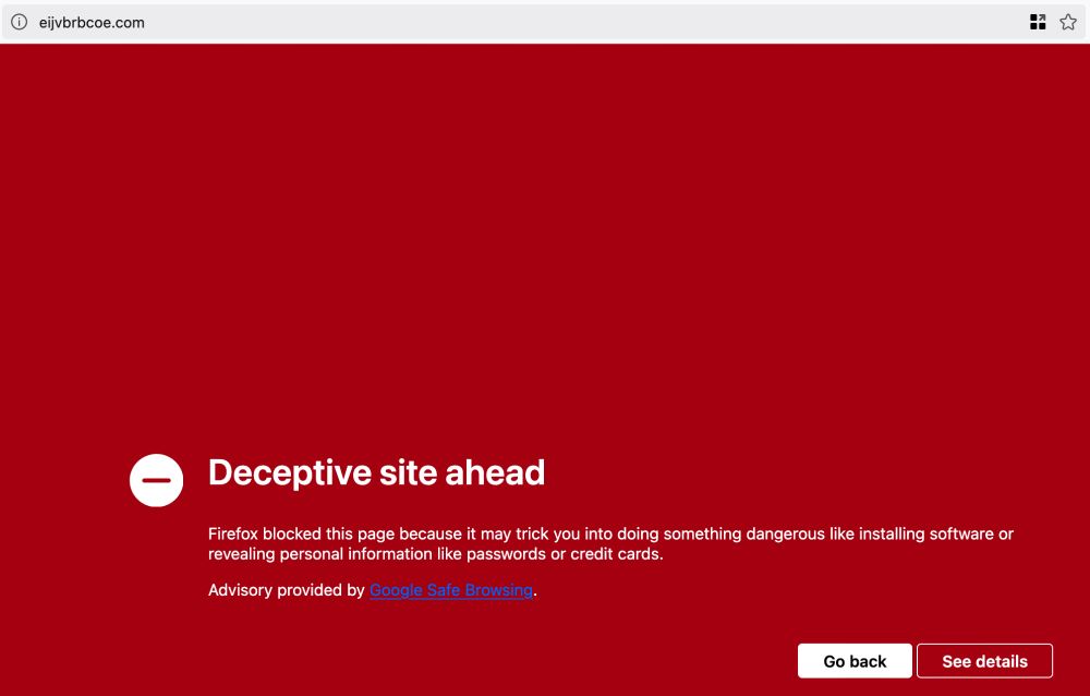 Screenshot of a "deceptive site ahead" warning in Firefox. White text on a red background.