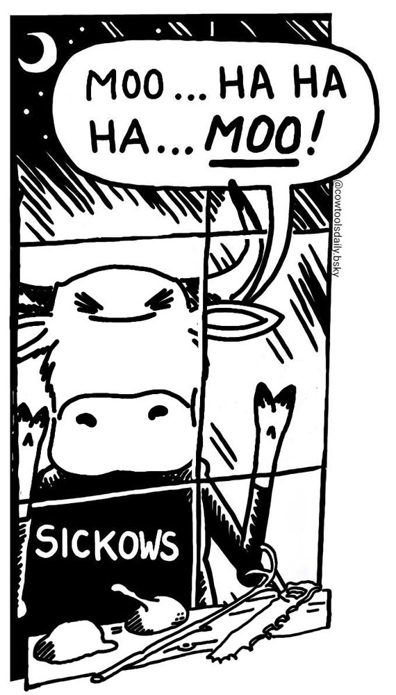 A cow wearing a shirt that says "SICKOWS" presses their front hooves against the outside of a window. Their speech bubble reads "MOO... HA HA HA... MOO!" An assortment of crude tools sits on the inner window ledge.