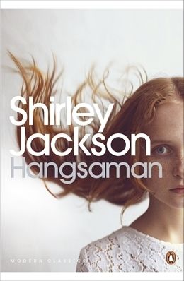 Book cover. Hangsaman by Shirley Jackson (Hor / 1951) Cover shows half of a girl, the rest just off screen with her hair blowing behind her.
