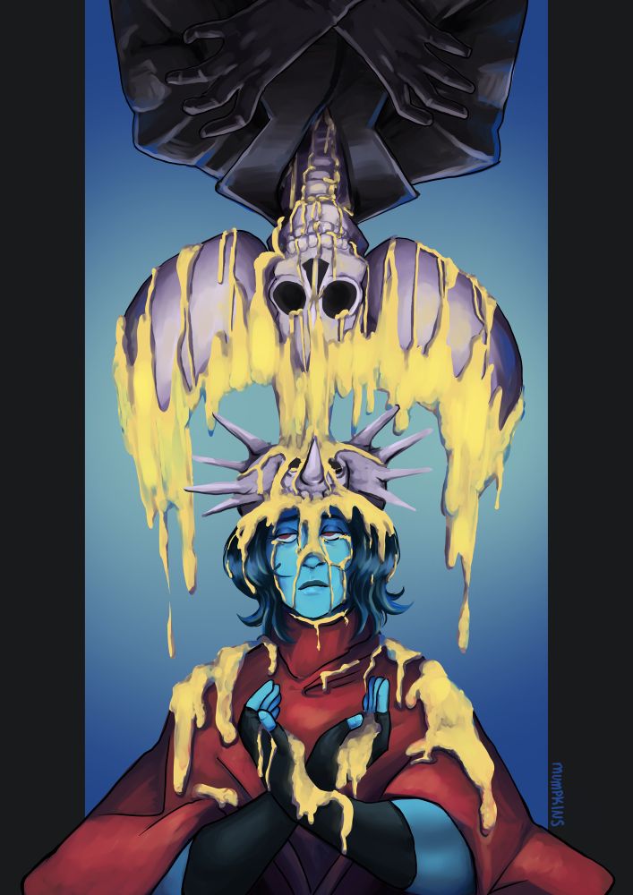 Somsnosa from Hylics stands below a Wayne who is turned upside down as his skin melts off, pouring over Somsnosa. There are streams of his melted skin pouring down her cheeks as well to look like tears. Her hands cross over her chest and cup upwards to make a shape mirroring Wayne’s crescent head. Wayne has his hands crossed over his chest with his fingers tensed and curled to mirror the shape of Somsnosa’s skull helmet. 