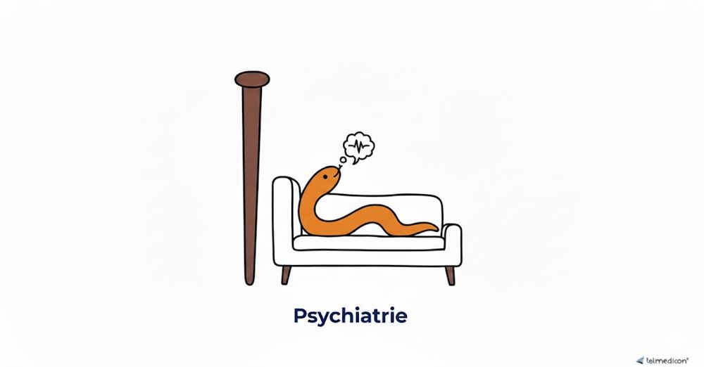 Ein brauner Äskulapstab. Die orangene Schlange ist nicht darum gewickelt, sondern liegt daneben auf einer weißen Couch. Eine kleine Sprechblade deutet an, dass sie am reden ist.