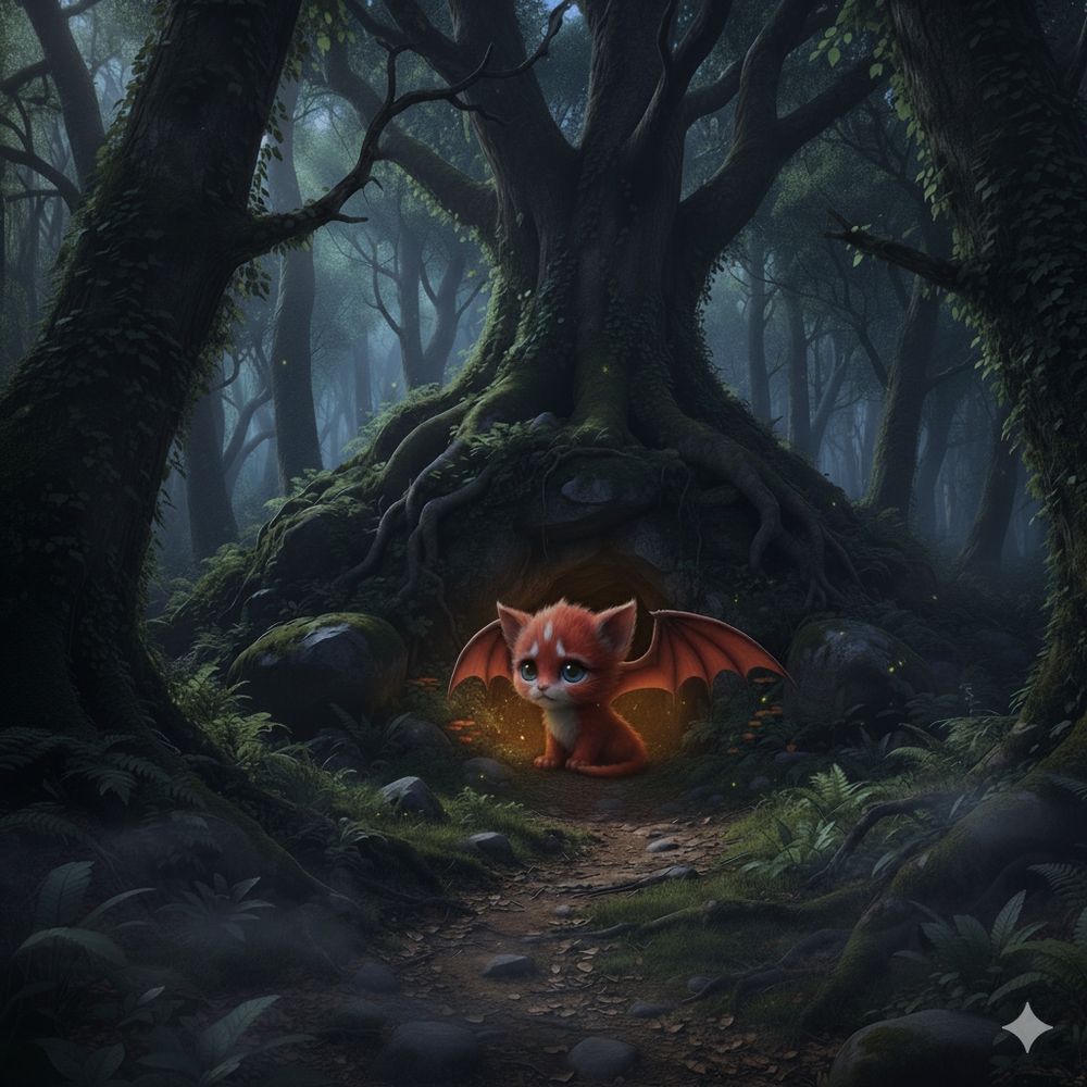 Eine kleine rote Drachenkatze mit blauen Augen und ausgebreiteten Flügeln sitzt vor einem Höhleneingang in einem dunklen Wald.