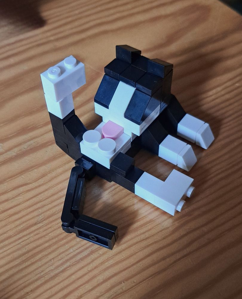 Eine schwarze weiße kleine Katze aus Klemmbausteinen, die auf einem hellbraunen Holztisch steht und sich den Popo leckt. Ein Bein steht dabei katzentypisch senkrecht in der Luft. 