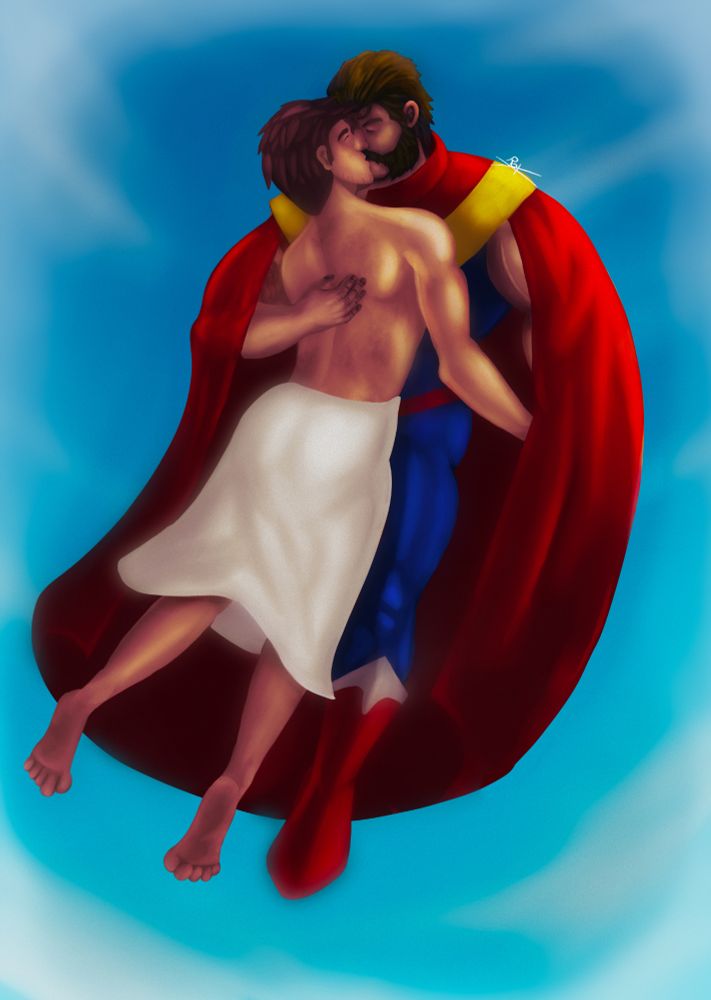 Phenomaman Dispatch bara kiss muscle bara naked fly love digital illustration gunk muscle 