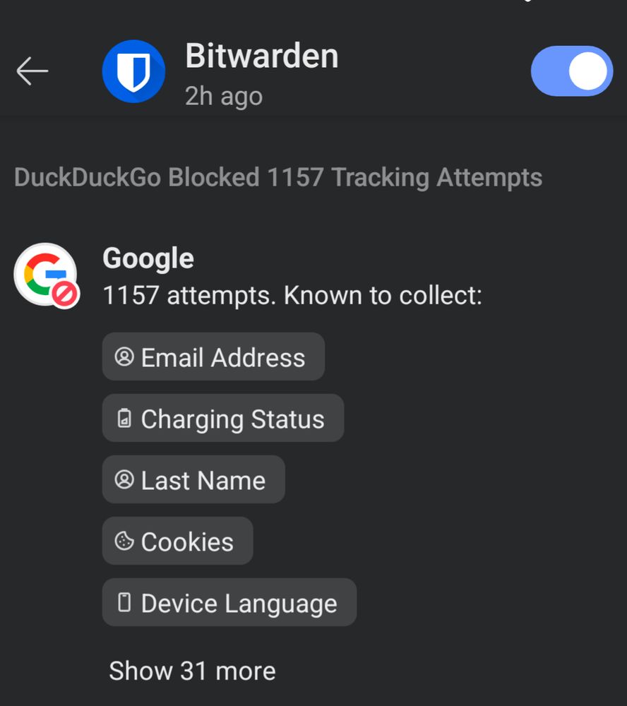 Duckduckgo blocked over 1000 attempts to contact Google by the bitwarden app.