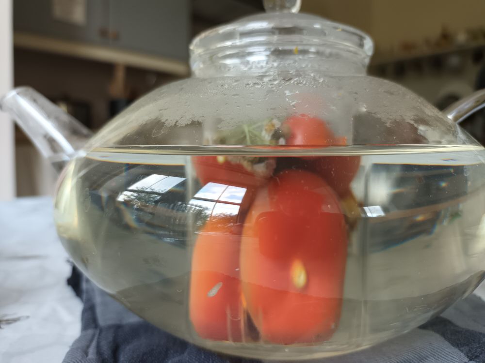 Huge rosehips stuffed into in a tiny glass teapot. 
