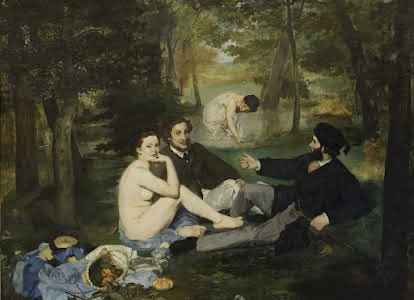 A painting of people sitting on grass eating a picnic, with a woman in the foreground and in the background bathing nude and the men are fully clothed.