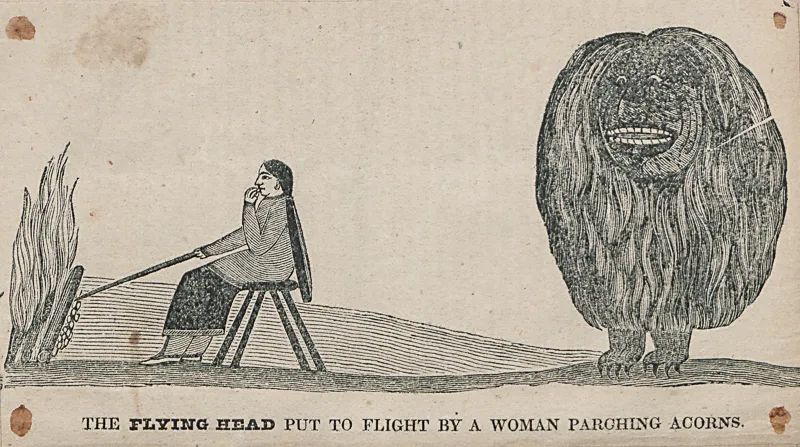 A woman sits with a stick by a fire while a large smiling monster stands behind her.