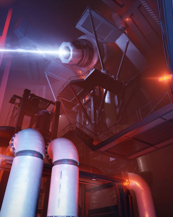 A view from the lower portion of the chamber, showing various piping, catwalks, and a catalyser (with a placeholder model) shooting a laser out of frame.