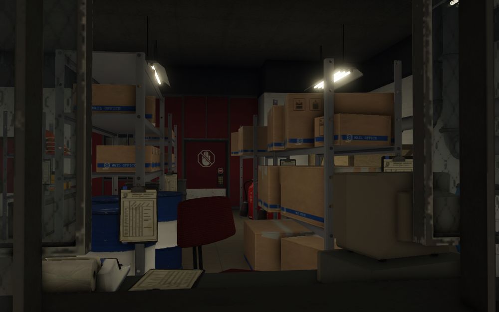 An outside view of a room from a window, filled with racks of boxes, barrels, other various objects, and a red door at the back.