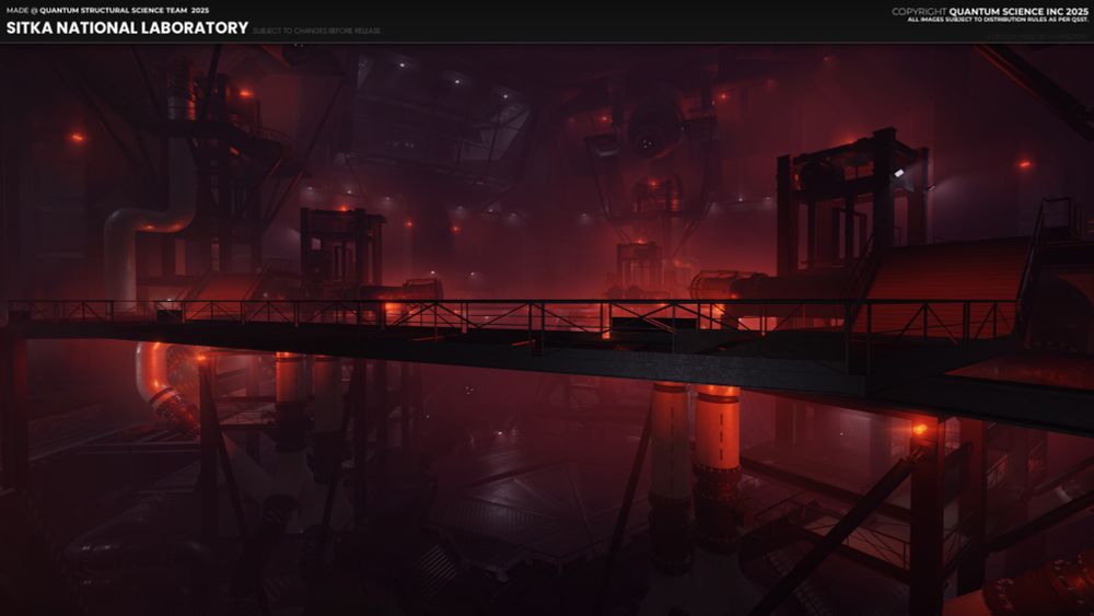 A side-view of the empty red-lit DMR holding chamber, three pairs of elevator towers can be seen on each side connecting via various catwalks, the control room can be seen up towards the front of the chamber, and a large hexagonal door can be spotted at the bottom of the chamber.