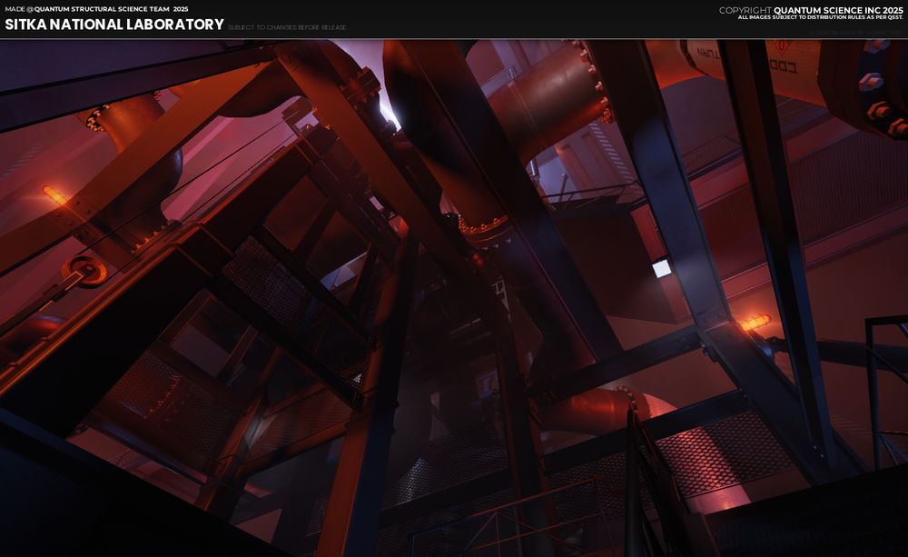 An under-view of a red-lit tower structure equipped with various piping and an elevator system.
