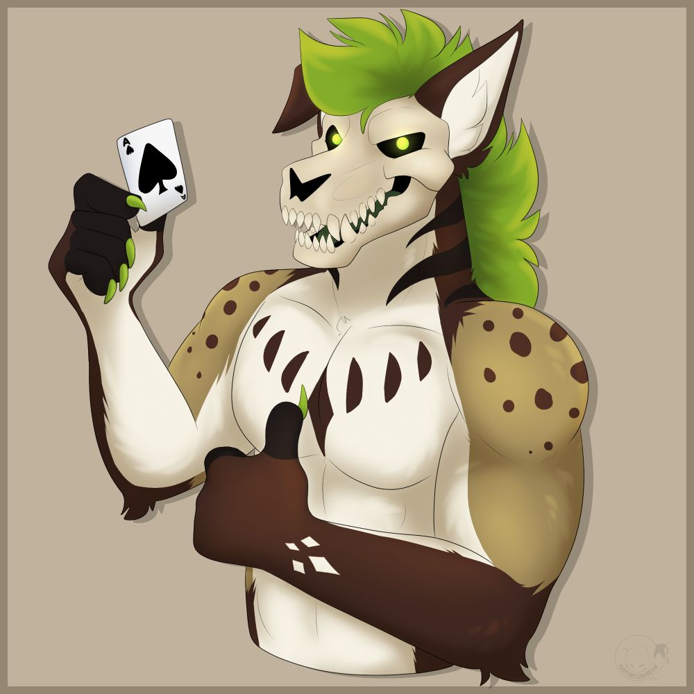 Skull dog creature that is holding an Ace of Spades card in their hand with a thumbs up.