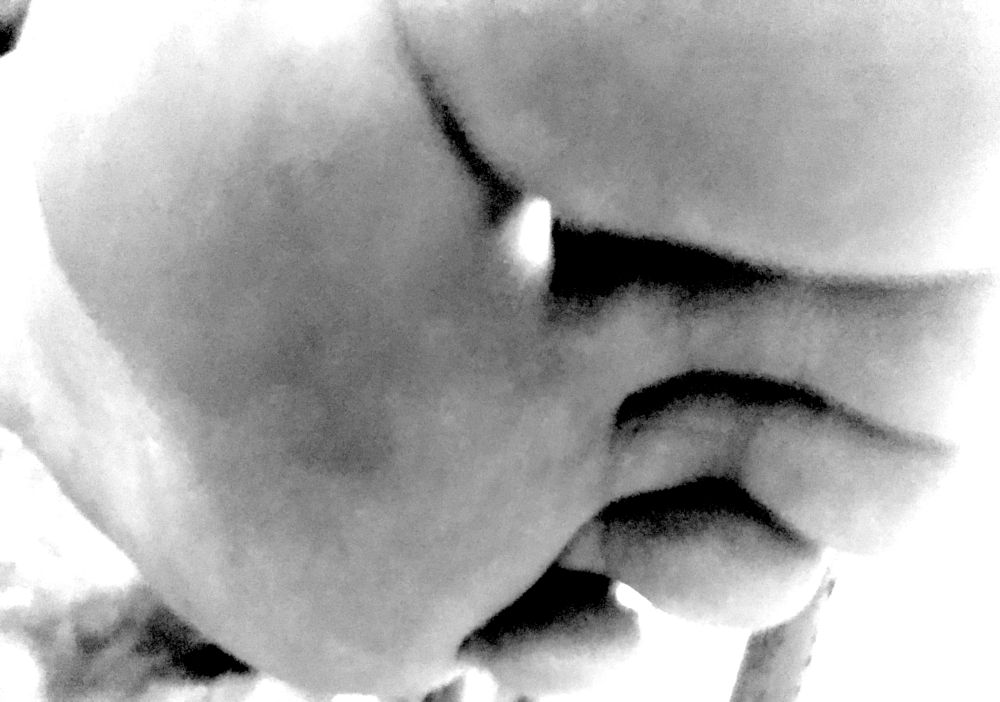 The image is a high-contrast black-and-white shot of male soles, the balls and toes close to the camera. The in-between toes are completely dark.