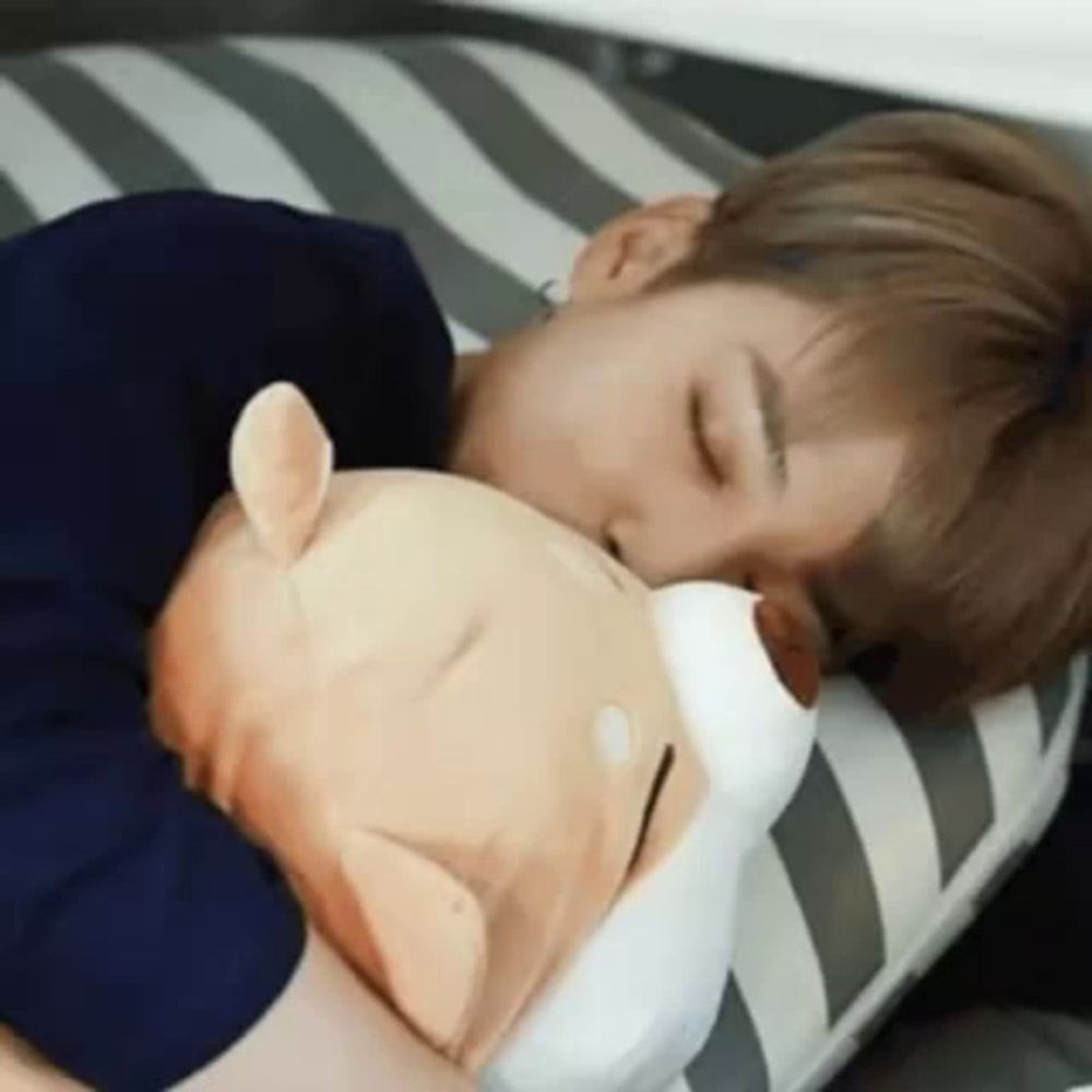 a young man is sleeping with a stuffed animal in his arms .