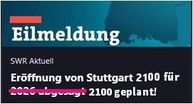 Eröffnung von Stuttgart 20100 für 2100 geplant!