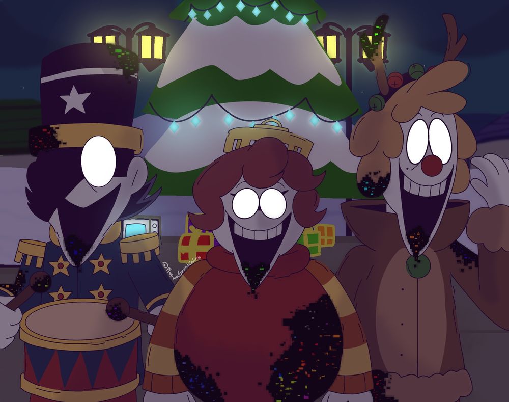 Artwork of corrupted versions of Roy, Ross and Robert from Spooky Month dressed in holiday outfits from the Spooky Month Roleplay game on Roblox.